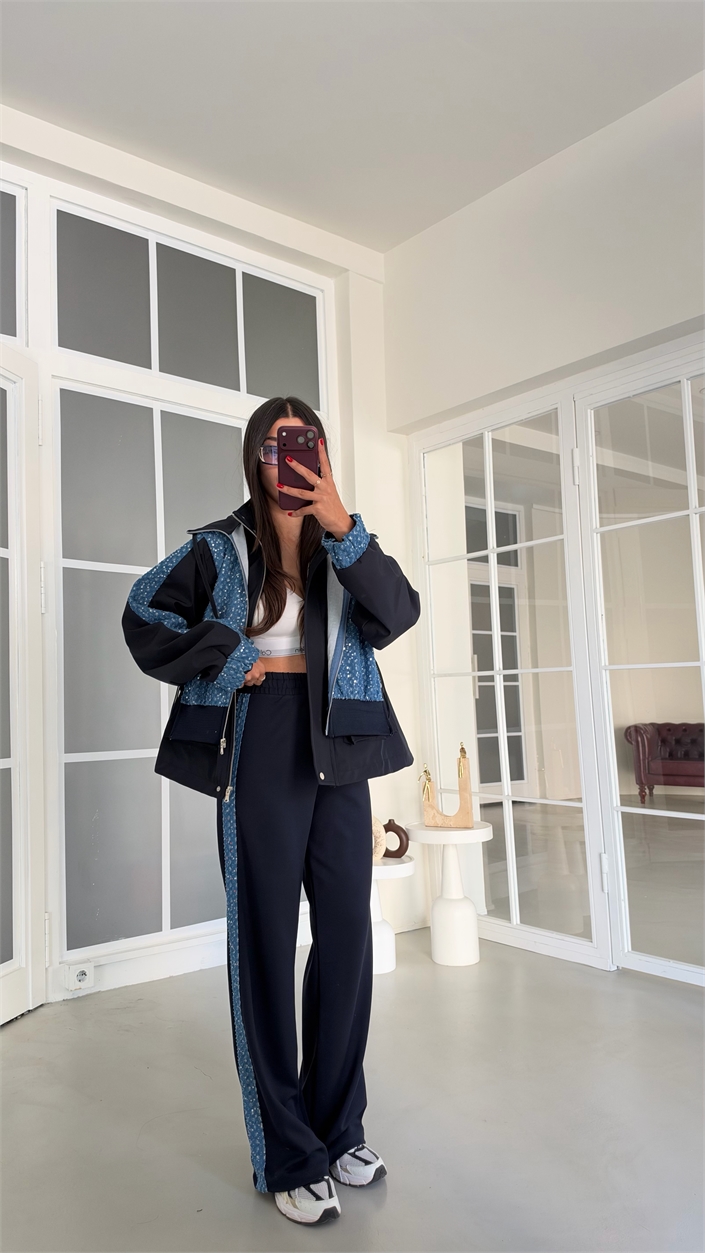 Lacivert Pullu Beli Lastikli Ceket Pantolon Paraşüt Detaylı Modal Takım GAUS-02213