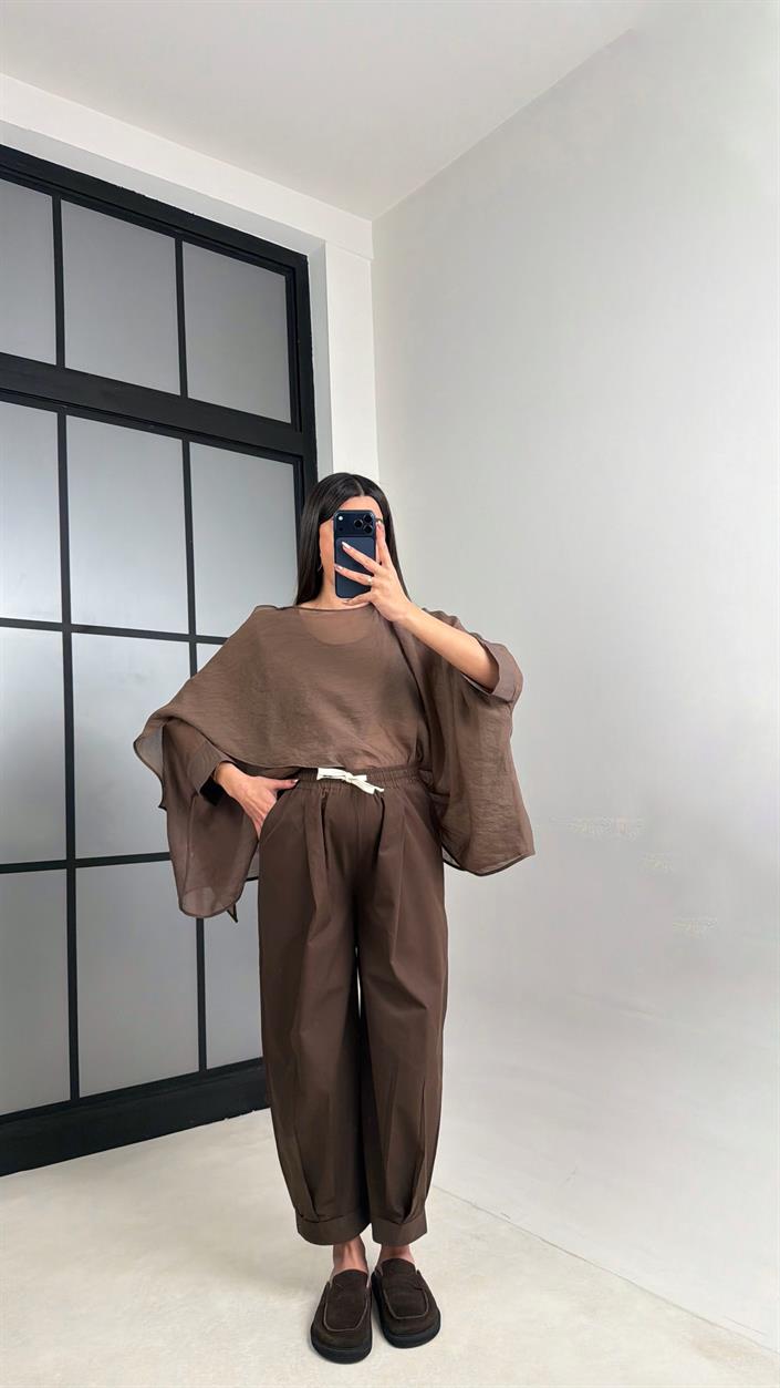 Kahve Beli Lastikli Muadil Pantolon GAUS-01119