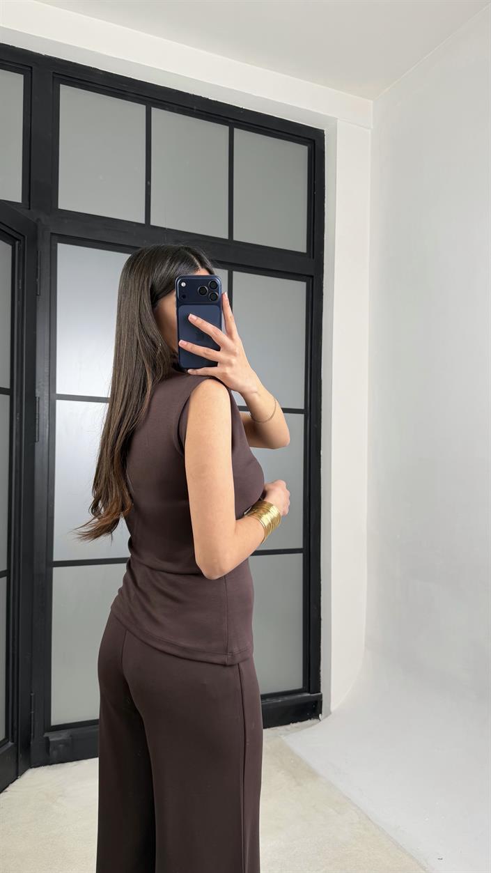 Kahve Sıfır Kol Bluz Beli Lastikli Pantolon Modal Takım GAUS-01348