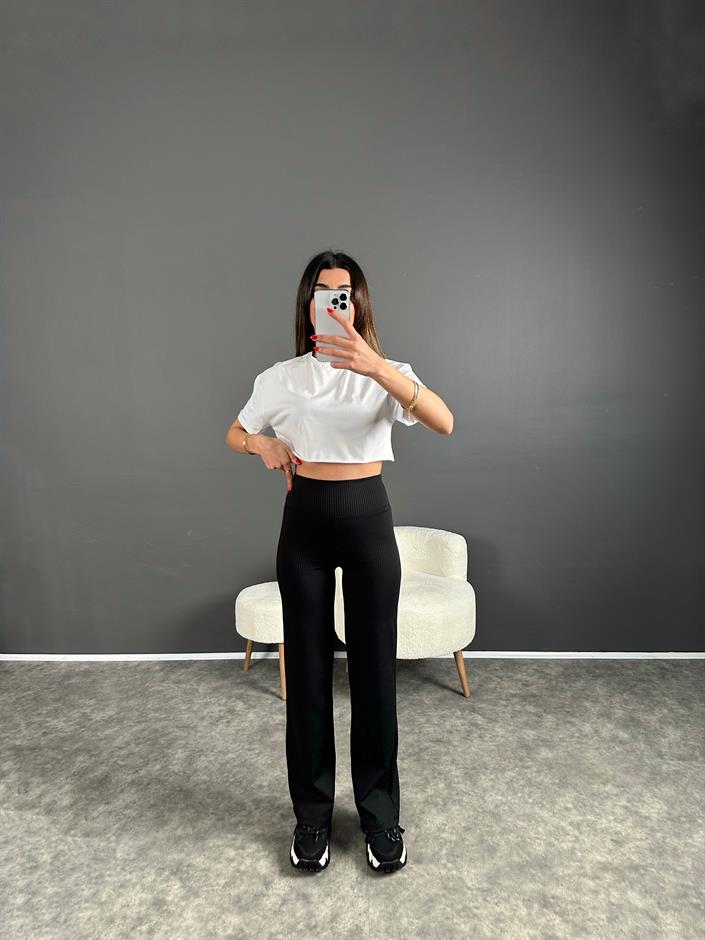 Oysh Baskılı Siyah Fitilli Pantolon 