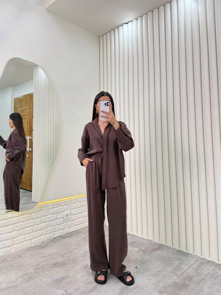 Kahve Gömlek Beli Lastikli Pantolon Premium Tensel Takım TNCL01 Gaus00322