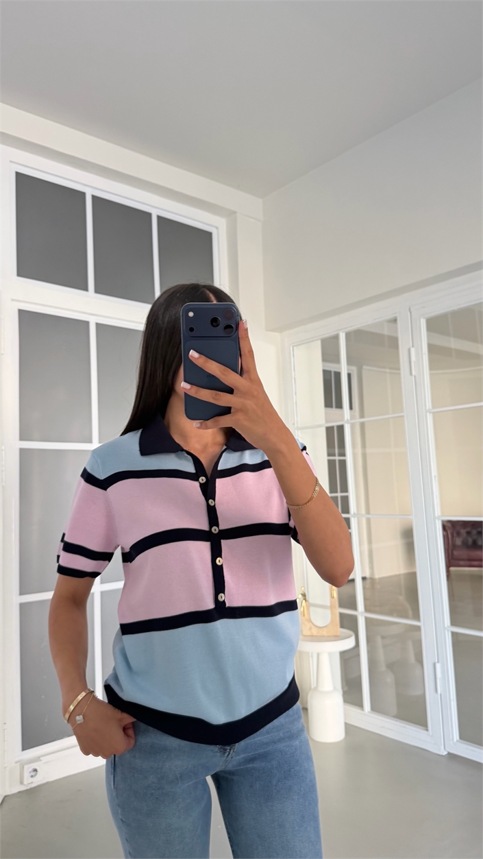 Pembe Polo Yaka Bloklu Triko Kazak GAUS-02025