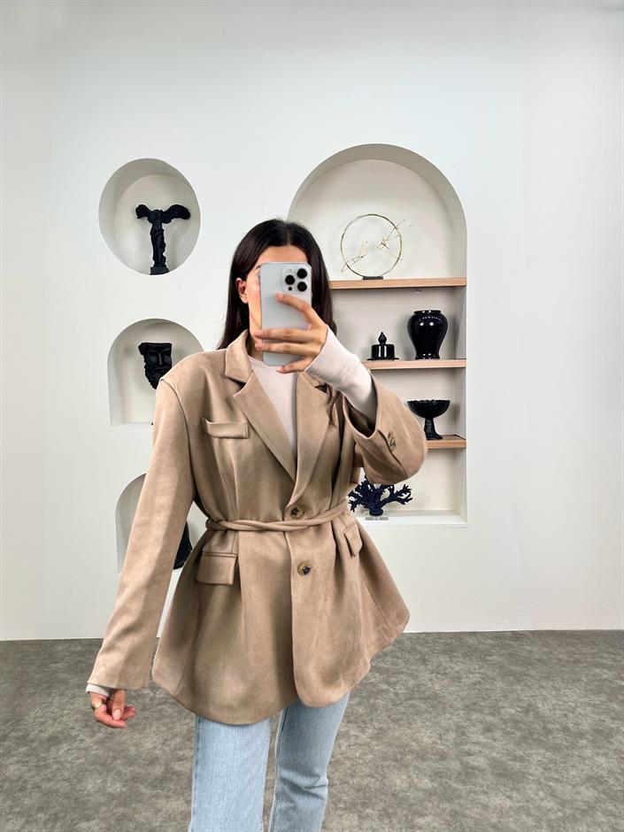 Taila Vizon Astarlı Kemerli Süet Blazer Ceket