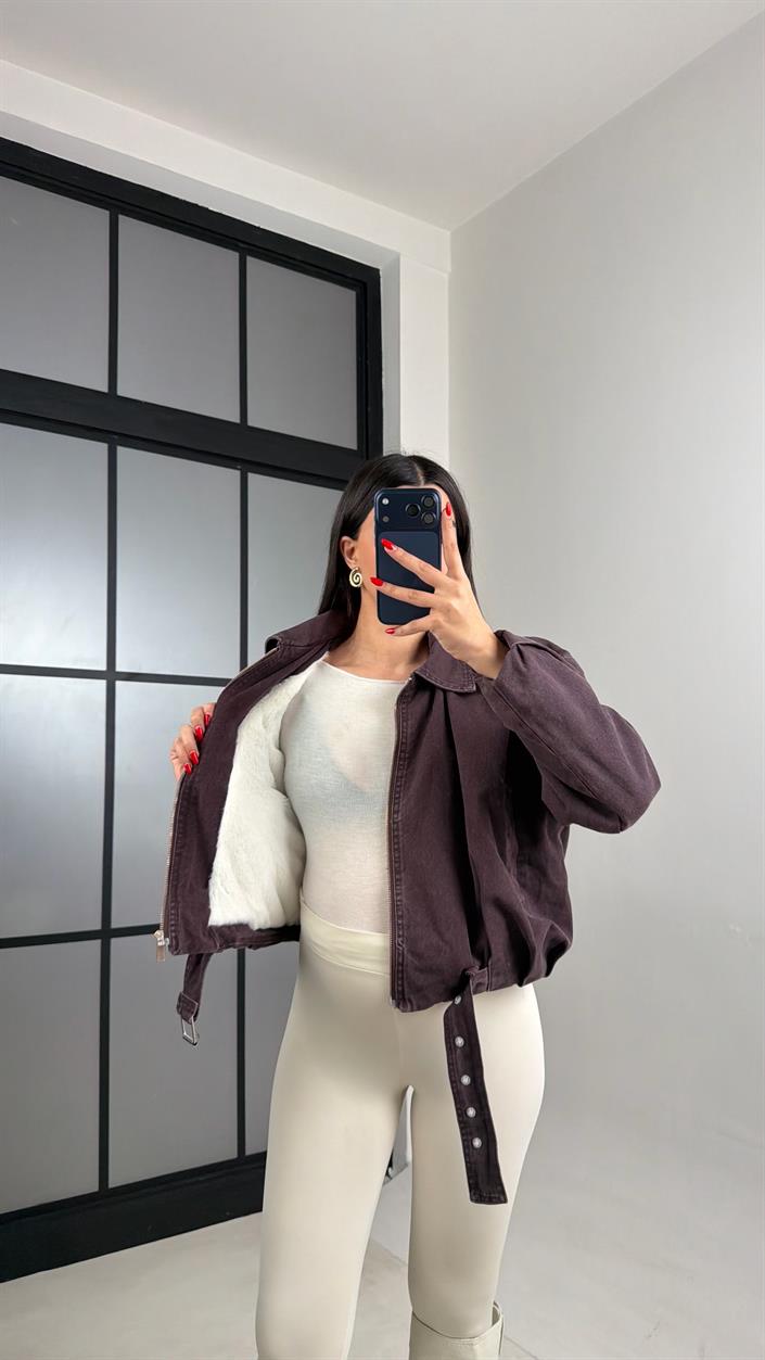 Acı Kahve İçi Kürk Detaylı Bomber Denim Ceket GAUS-01051