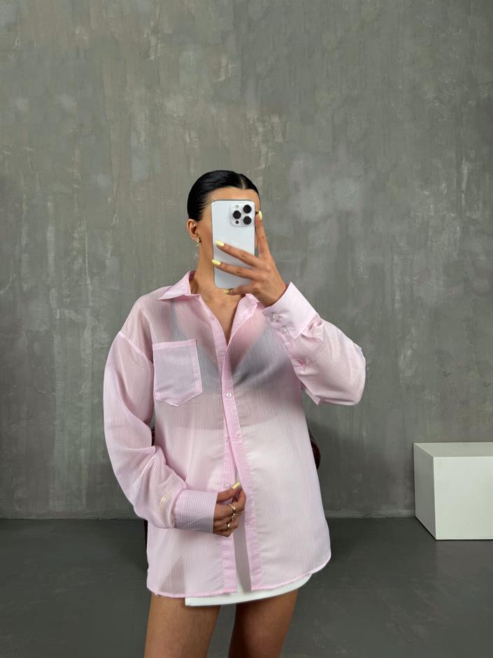 Pembe Çizgili Hafif Transparan Muadil Gömlek Gaus00153