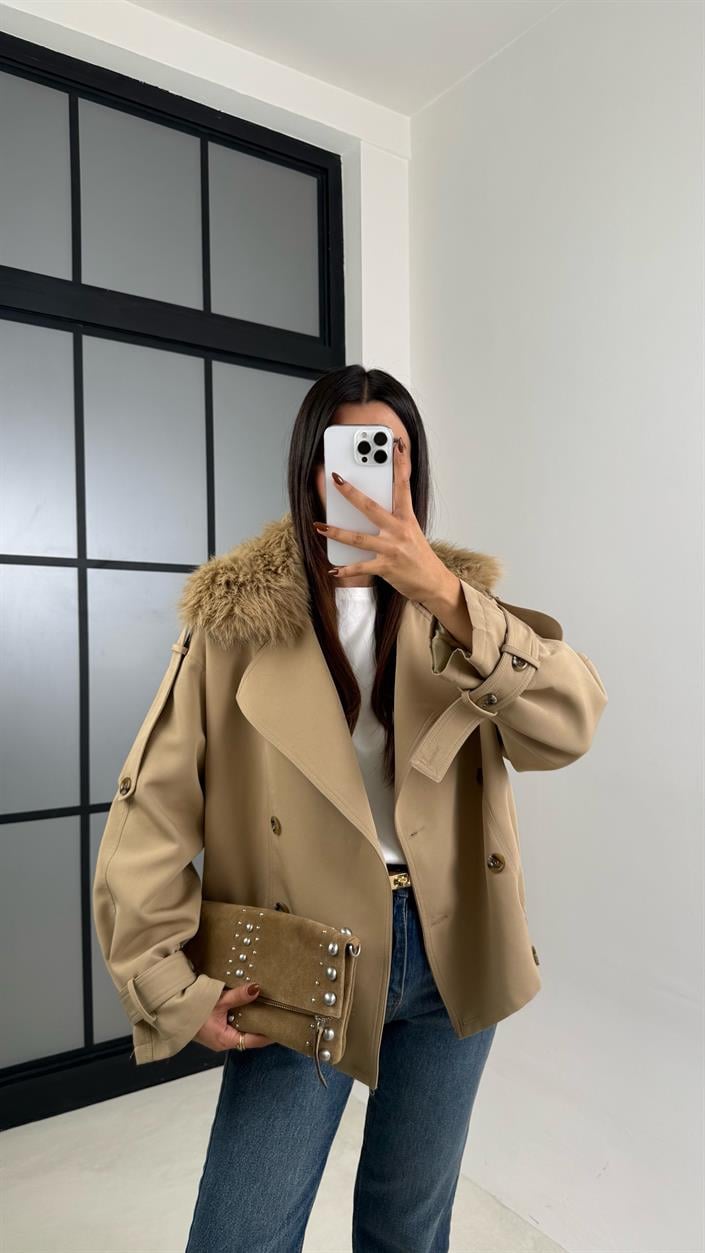 Bej Kürk Detaylı Astarlı Premium Trençkot GAUS-00190