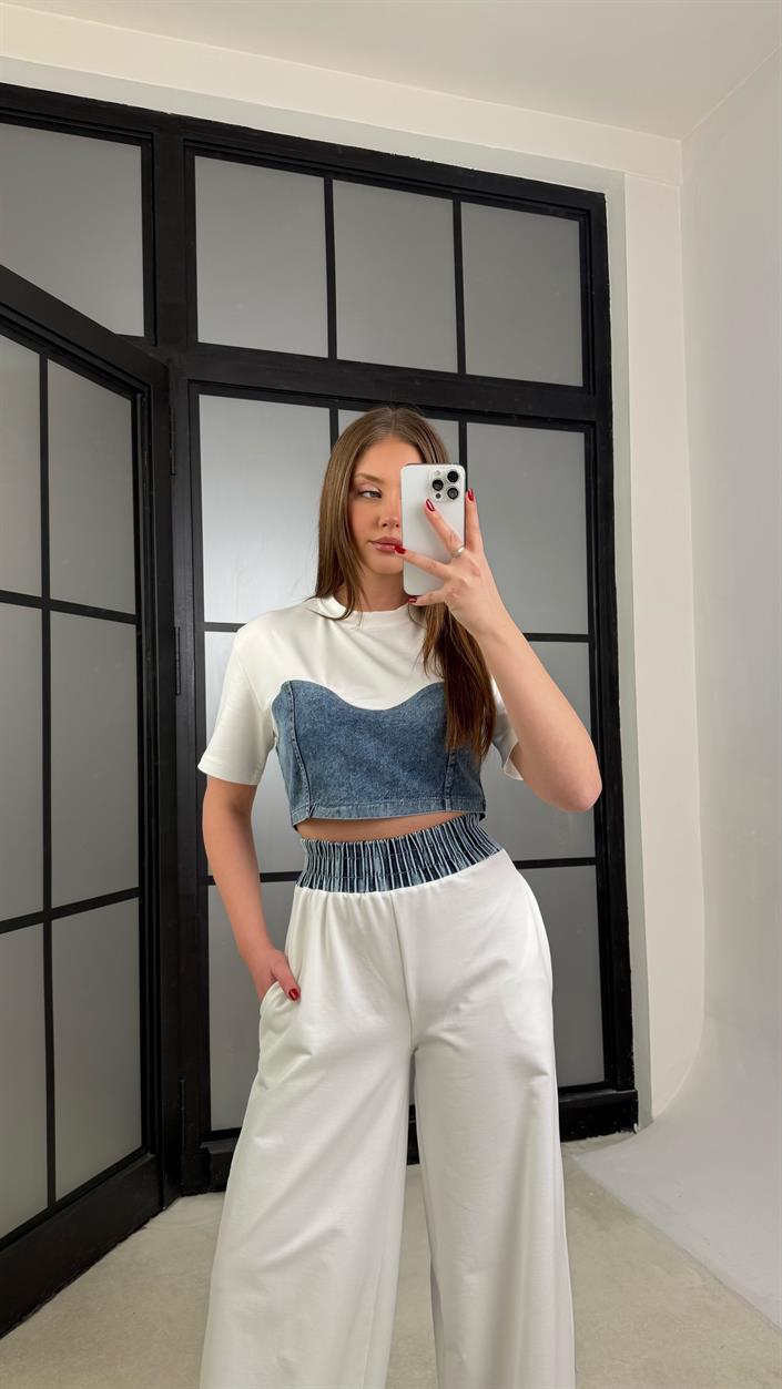 Beyaz Denim Detaylı Crop Beli Lastikli Pantolon Premium Takım GAUS-01273