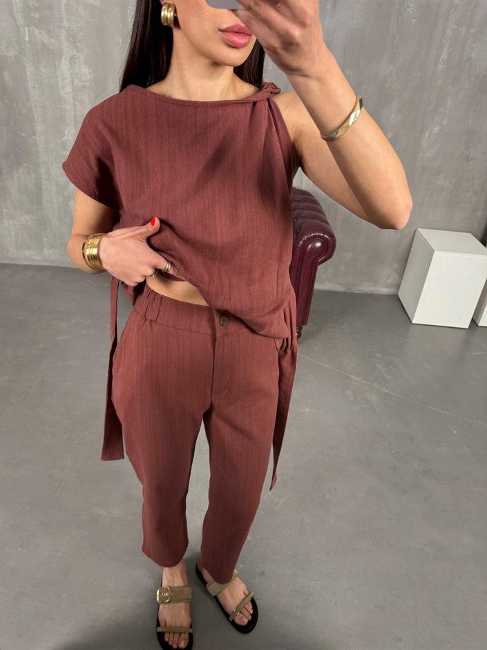 Kiremit Omuz Detaylı Kuşaklı Keten Takım Gaus00188