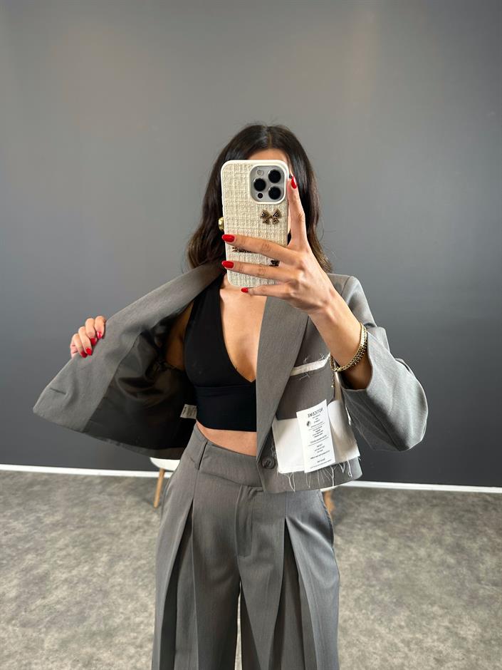 Ketrina Gri Tasarım Blazer Ceket İkili Takım