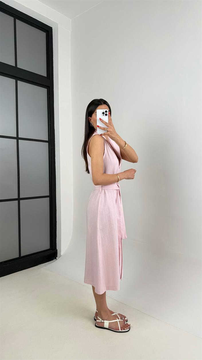 Pembe V Yaka Önü Düğmeli Kuşaklı Keten Elbise Gaus00461 