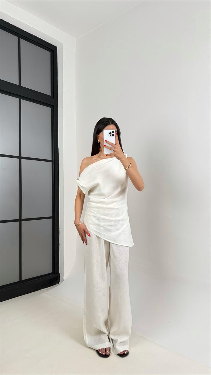 Beyaz Asimetrik Kesim Bluz Beli Lastikli Pantolon Tasarım Keten Takım Gaus00462