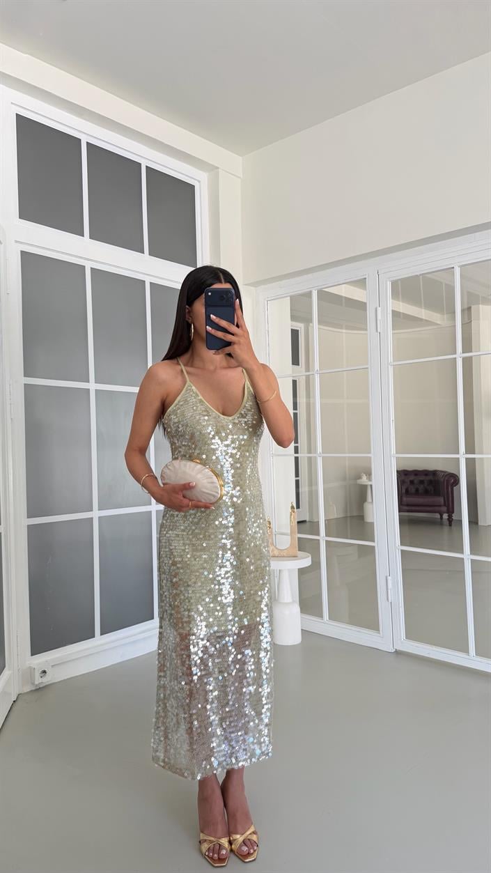 Yeşil Ayarlanabilir Askılı Astarlı Pullu Elbise GAUS-01684
