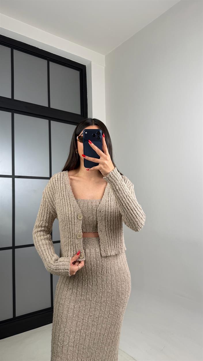 Vizon Hırka Crop Beli Lastikli Yırtmaç Detaylı Etek Triko Takım GAUS-00969