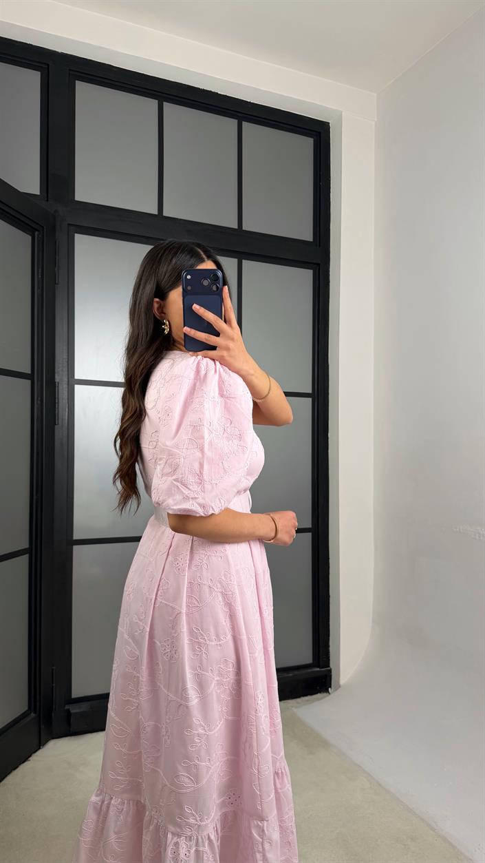 Pembe Çiçek Nakışlı Kemerli Pinterest Elbise GAUS-01342