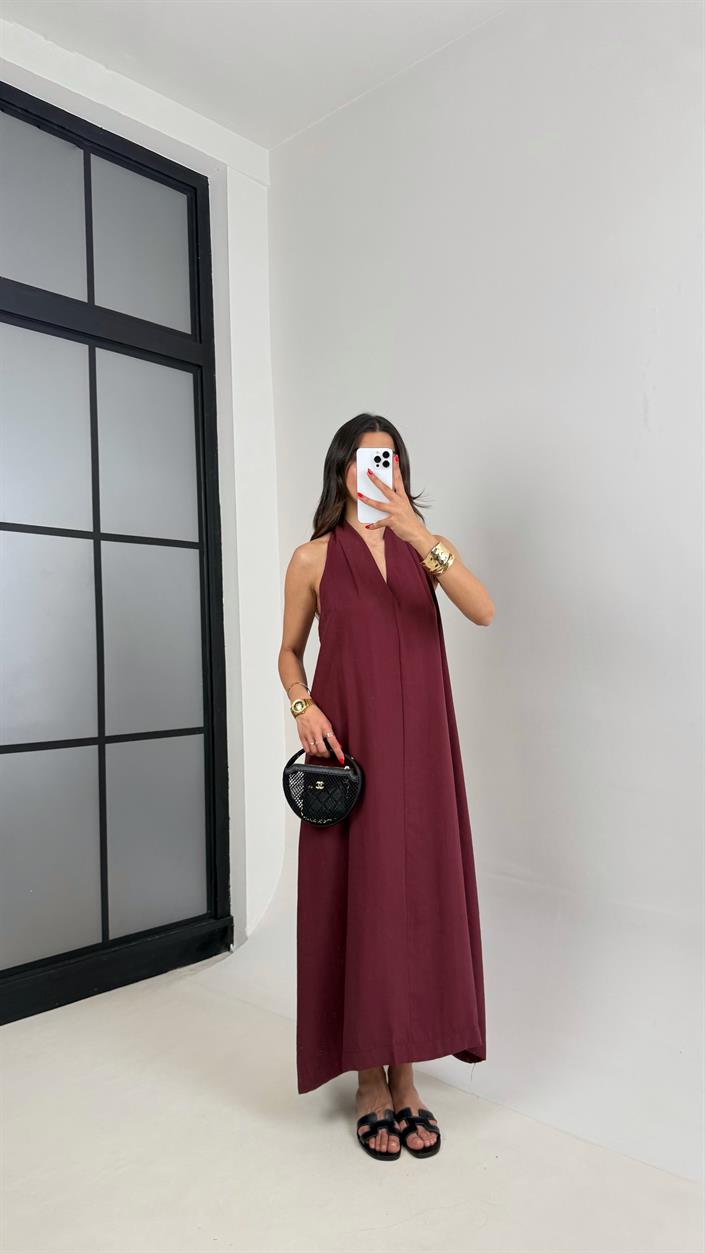 Bordo V Yaka Sırt Detaylı Premium Tencel Elbise Gaus00481 