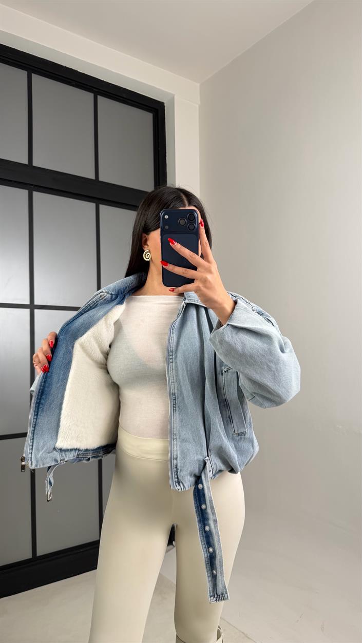 Mavi İçi Kürk Detaylı Bomber Denim Ceket GAUS-01051