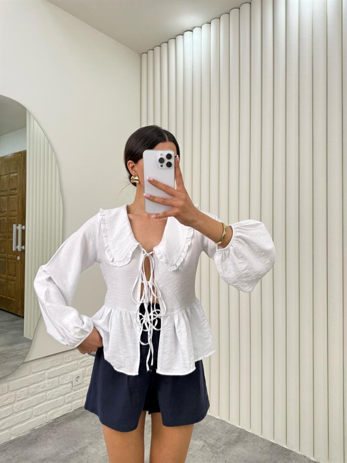 Beyaz Bebe Yaka Önü Bağlamalı Bluz Gaus00334 
