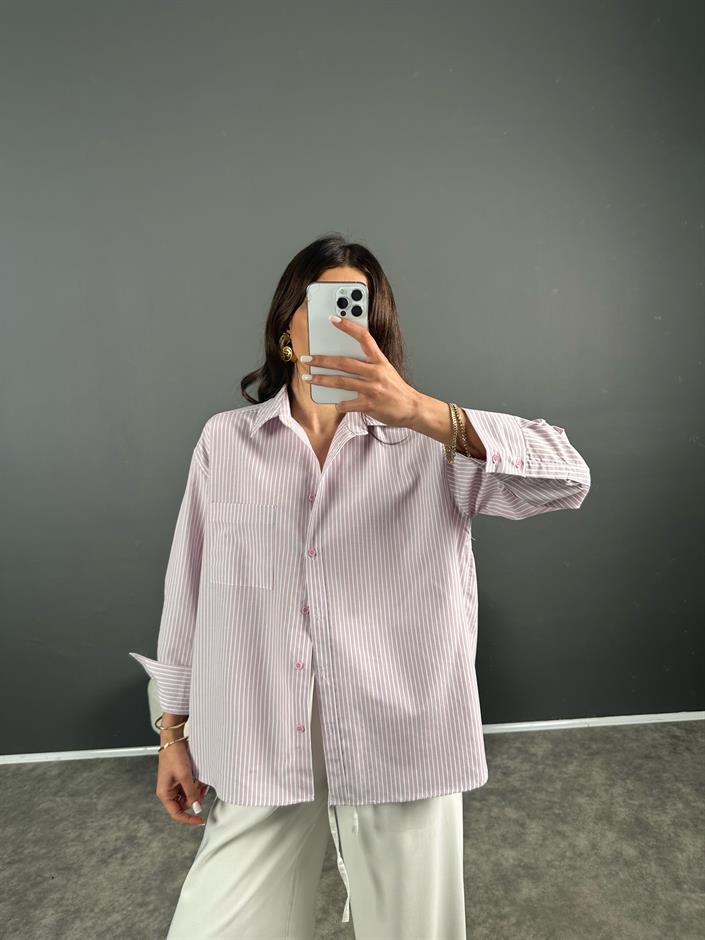 Sonho Pembe İnce Çizgili Oversize Gömlek