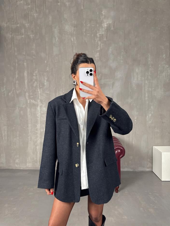 Dany Siyah Lacivert Çizgili Astarlı Kaşe Blazer Ceket