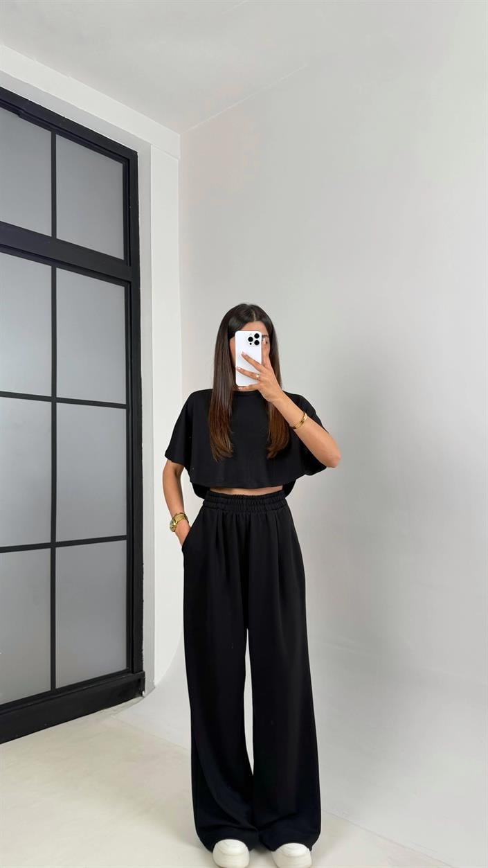 Siyah Crop Beli Lastikli Palazzo Eşofman İkili Modal Kumaş Takım GAUS-01219
