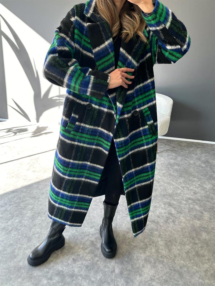 Premium Mavi Ekose Astarlı Uzun Kaban 