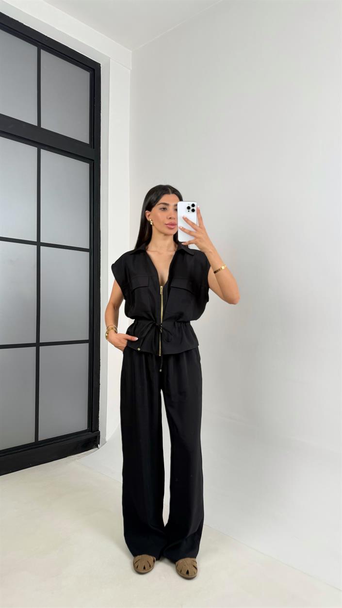 Siyah Cepli Bağlamalı Yelek Beli Lastikli Pantolon İkili Tencel Takım Gaus00546