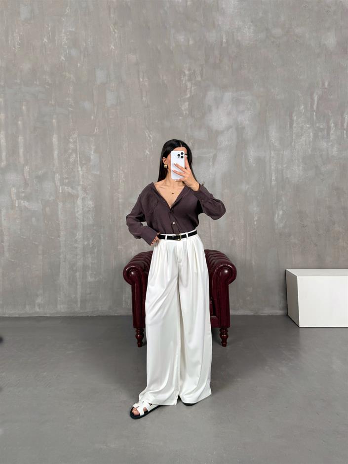 Beyaz Kemerli Bol Paça Pantolon Gaus00076