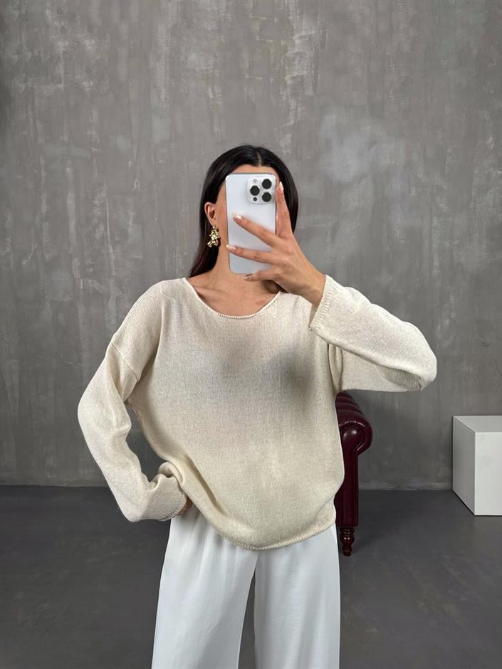 Mika Krem Hafif Transparan İnce Triko