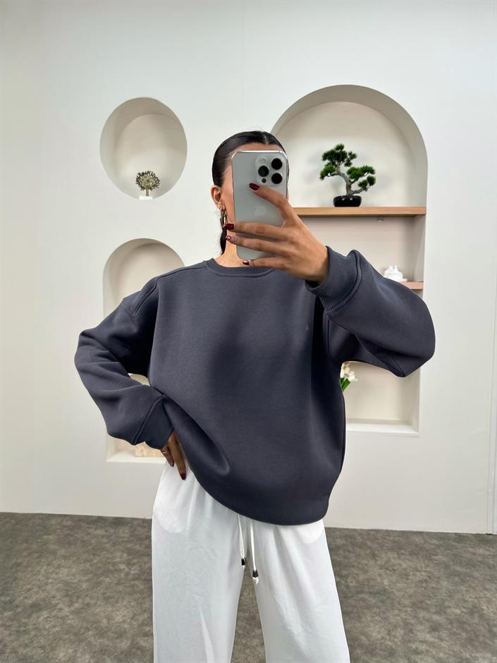 Meksa Antrasit Bisiklet Yaka Şardonlu Sweatshirt