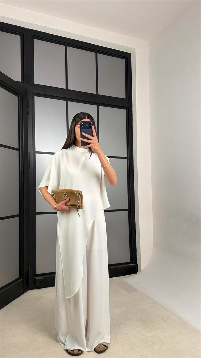 Beyaz Asimetrik Bluz Beli Lastikli Pantolon İkili Tasarım Takım GAUS-01490