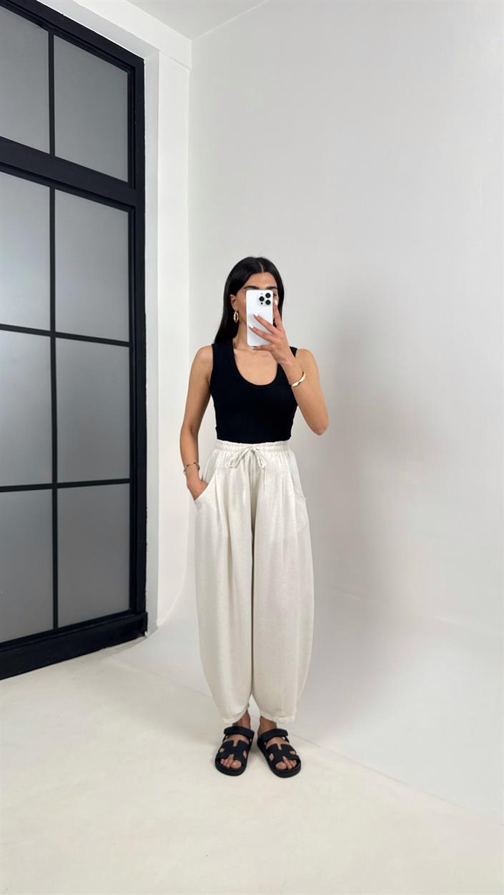 Taş Beli Lastikli Cepli Balon Keten Pantolon Gaus00391