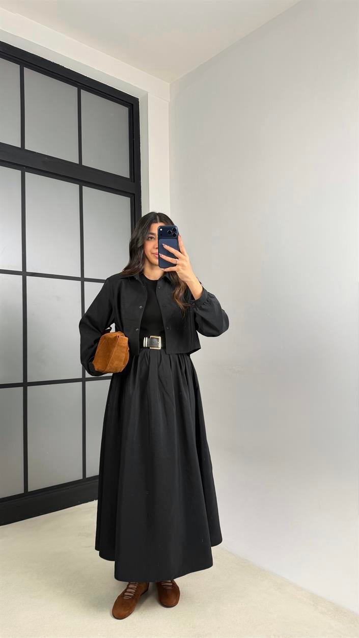 Siyah Gömlek Kemerli İthal Kumaş Elbise İkili Takım GAUS-01156