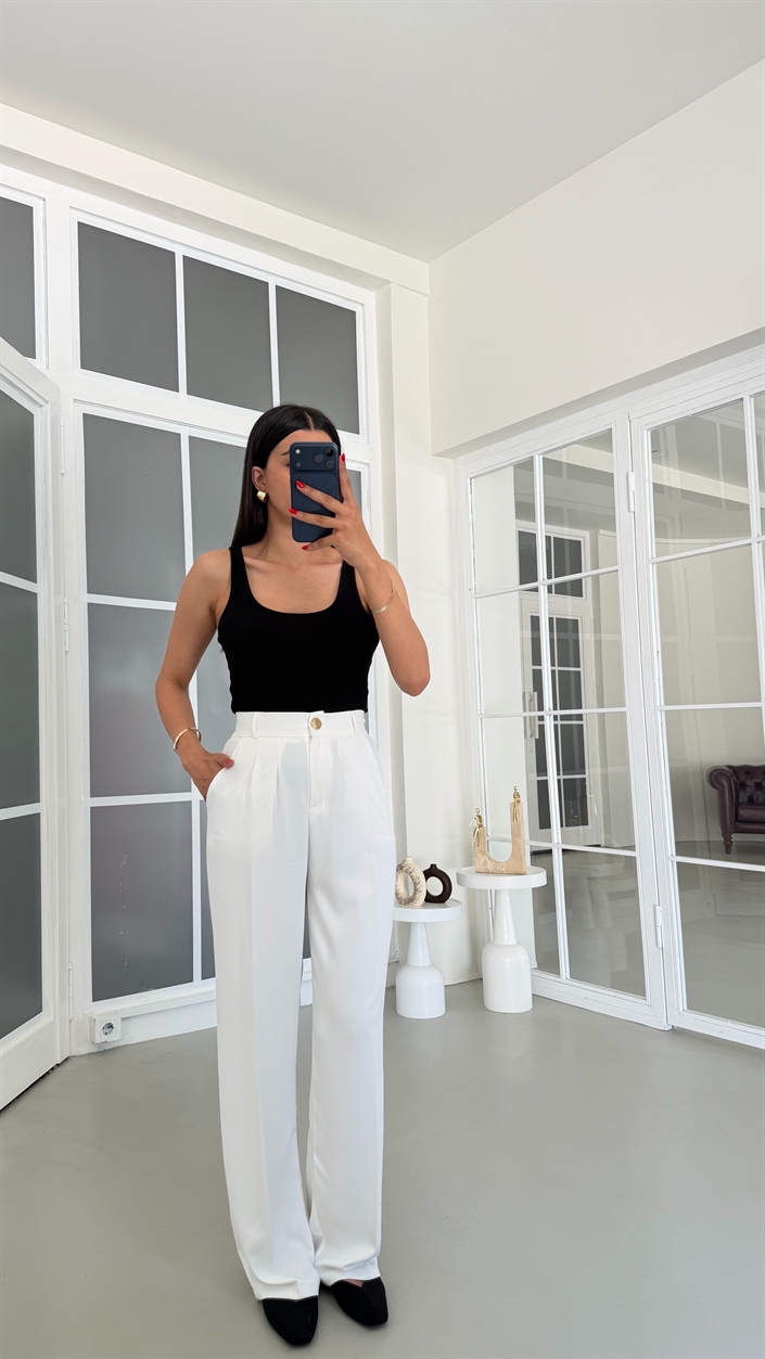 Beyaz Gold Düğmeli Tencel Pantolon GAUS-01844