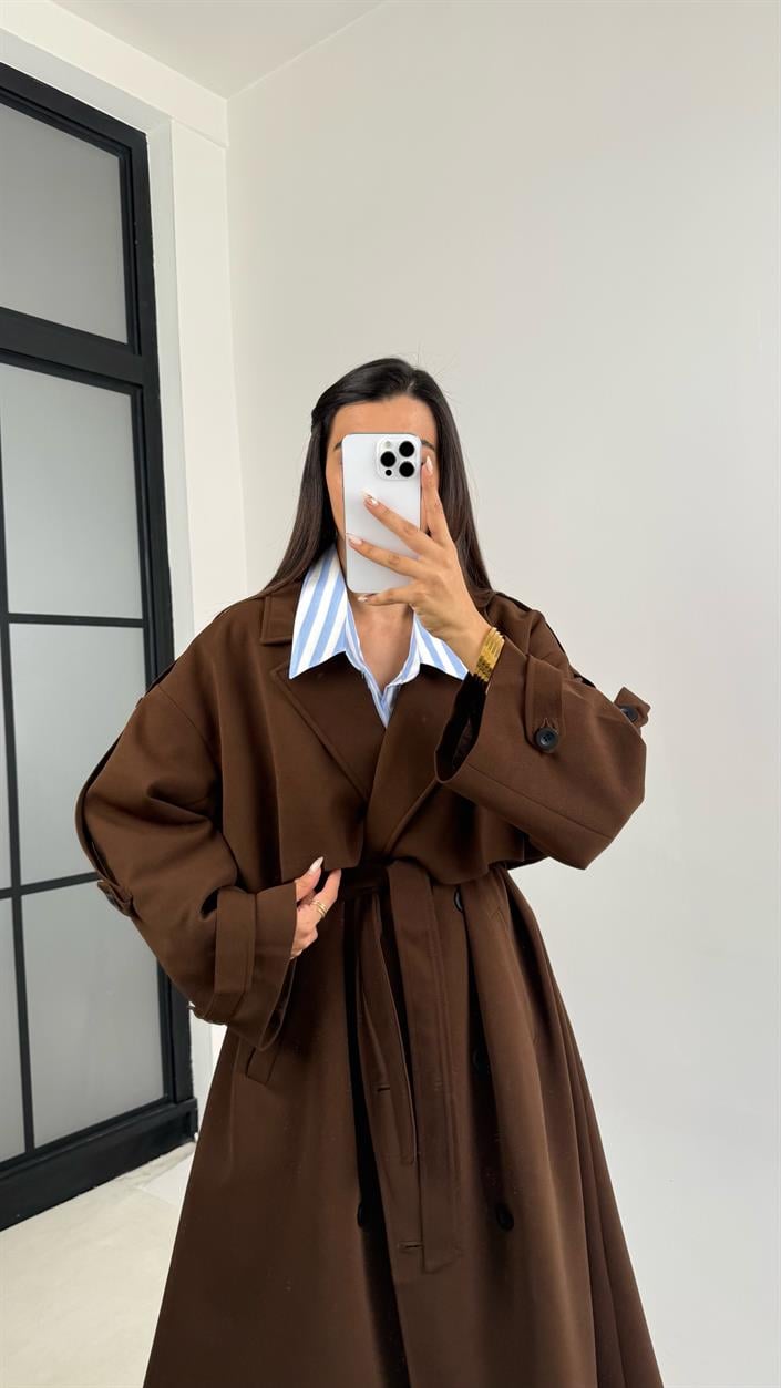 Kahve Kuşaklı Astarlı Cepli Premium Uzun Trençkot GAUS-00119