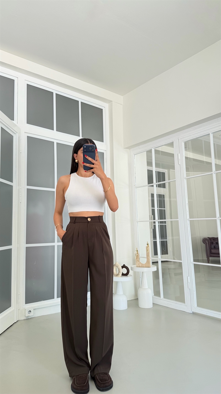 Acı Kahve Gold Düğmeli Tencel Pantolon GAUS-01844