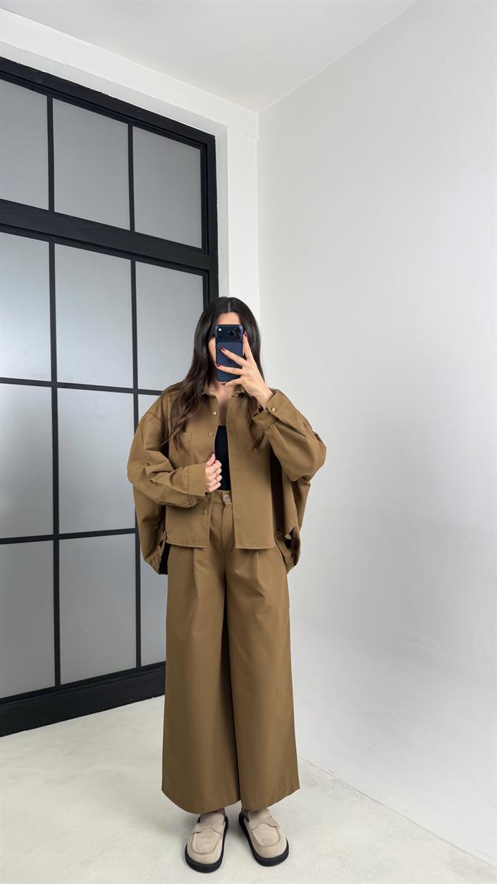 Yağ Yeşili Gömlek Beli Lastikli Pantolon İthal Kumaş Takım GAUS-00799