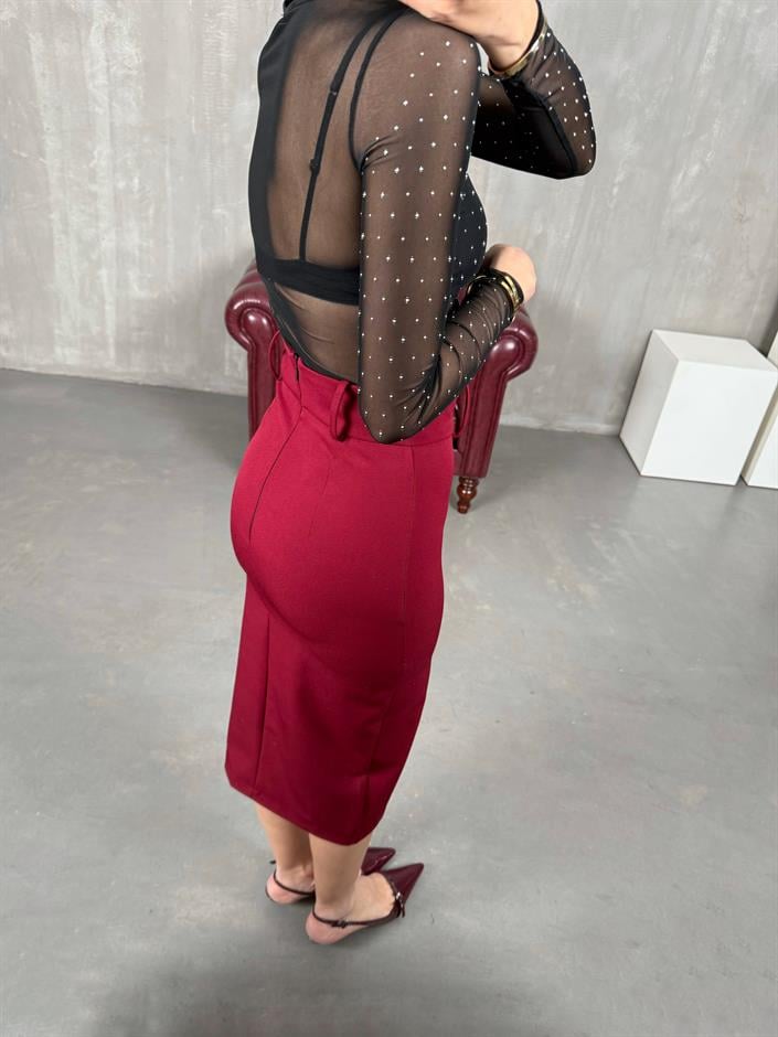 Bordo Yırtmaçlı Muadil Kalem Etek Gaus00047