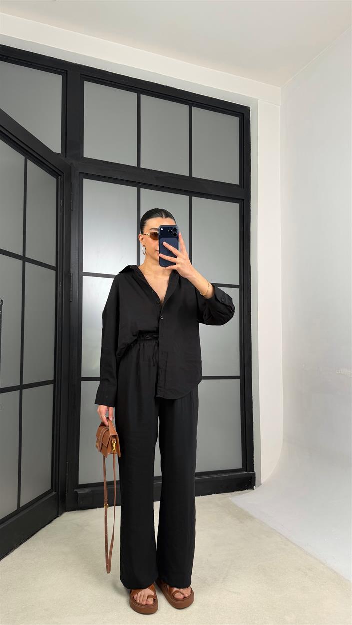 Siyah MD Muadil Gömlek Beli Lastikli Pantolon Tencel Takım GAUS-01278