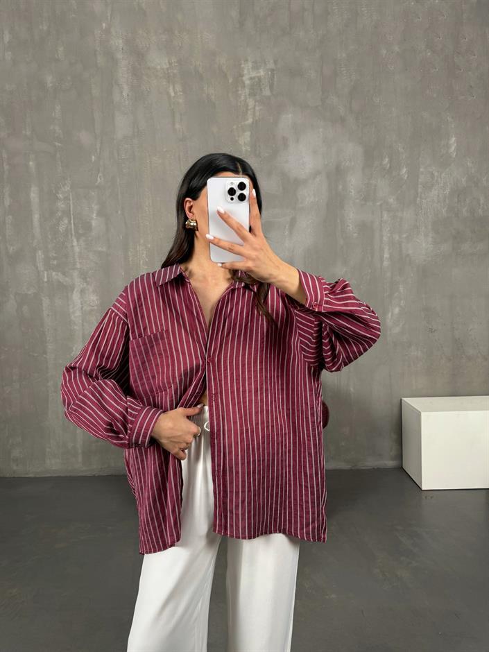 Bordo Çizgili Oversize Gömlek Gaus0004