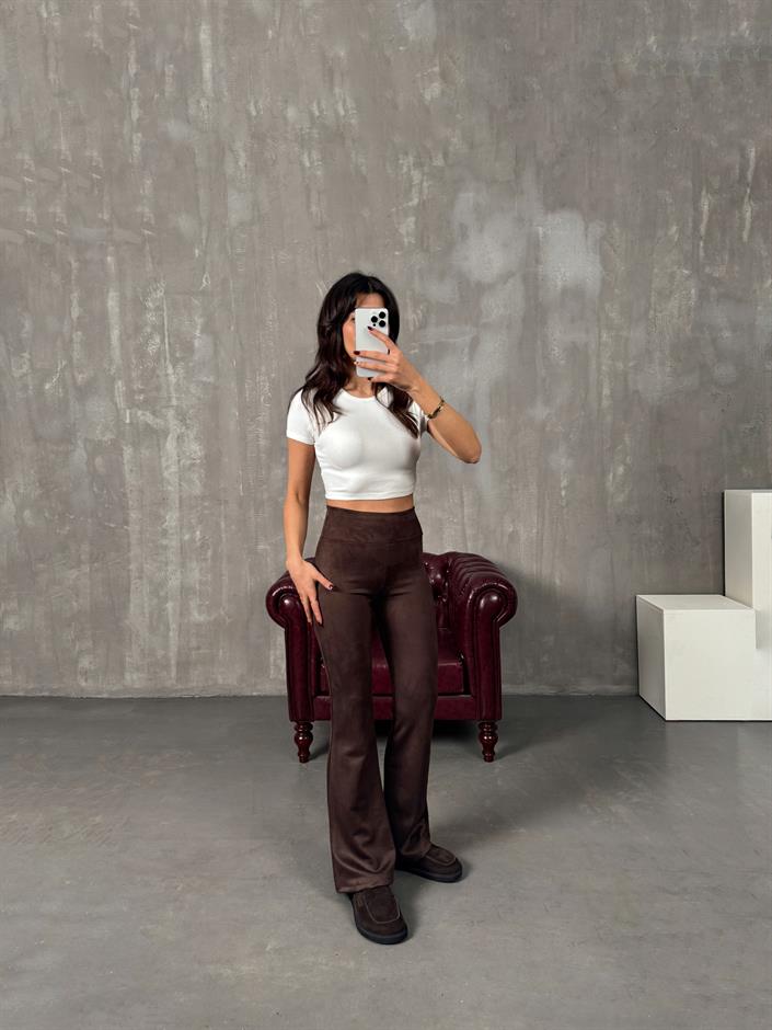 Vayole Acı Kahve Süet İspanyol Paça Pantolon