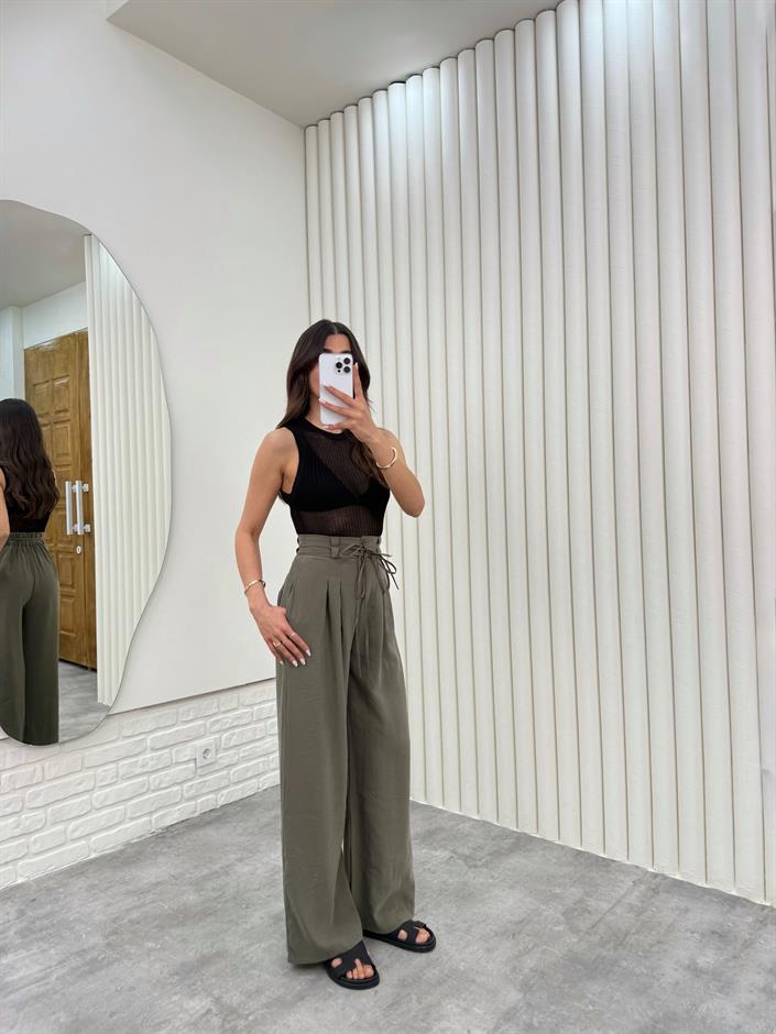 Haki Kuşaklı Tensel Kırışık Kumaş Palazzo Pantolon Gaus00302