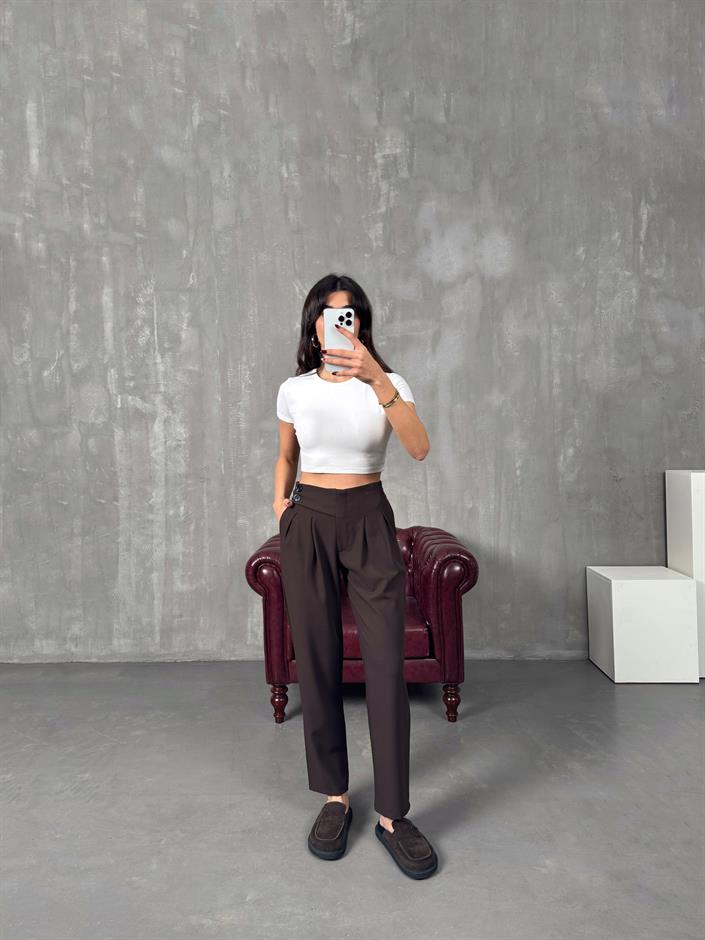 Punta Acı Kahve Arka Beli Lastikli Tasarım Pantolon