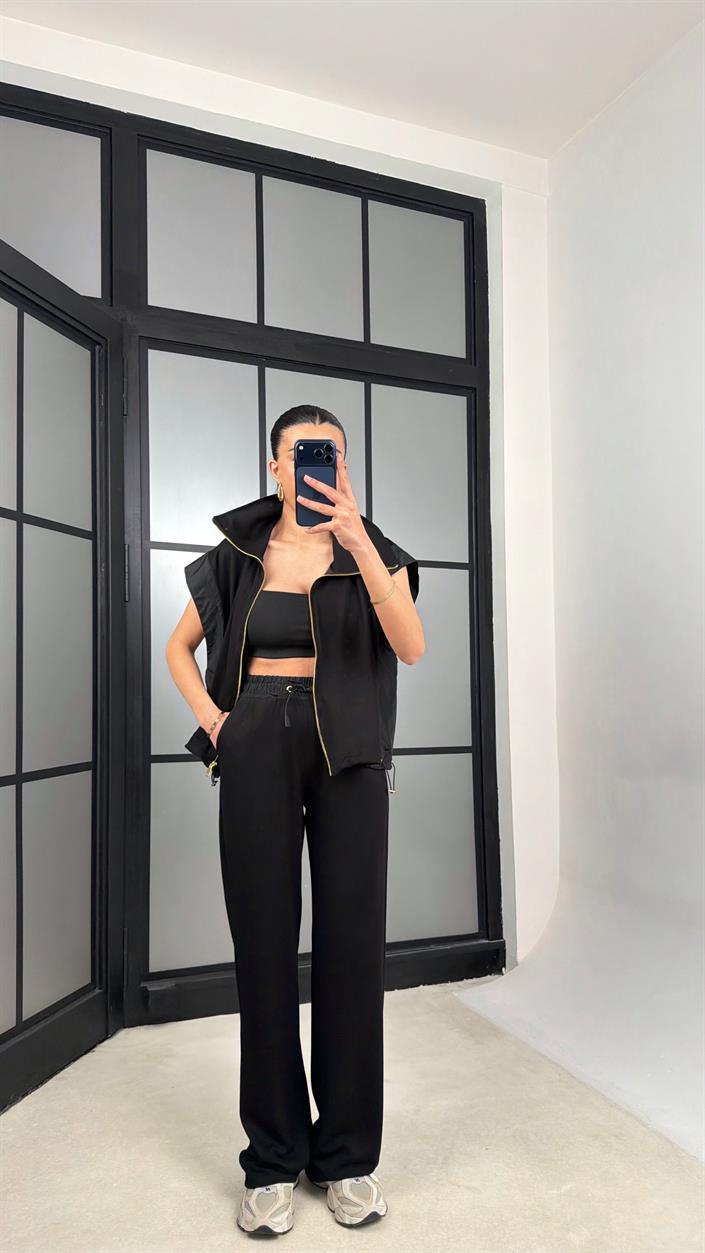 Siyah Paraşüt Kumaş Detaylı Yelek Pantolon İkili Modal Kumaş Takım GAUS-01369