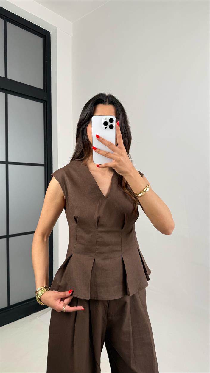 Acı Kahve V Yaka Bluz Cepli Pantolon % 100 Ham Keten Takım Gaus00483 