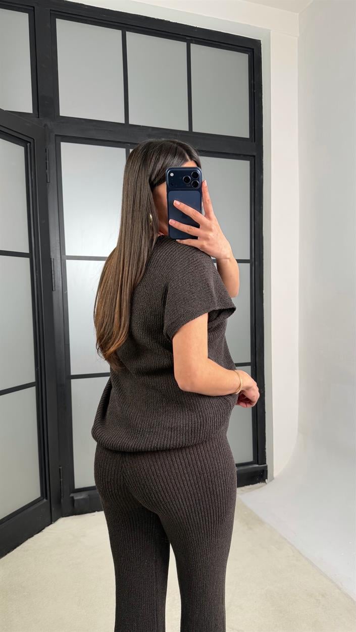 Acı Kahve Sıfır Kol Tshirt Beli Lastikli Pantolon Triko Takım GAUS-01238