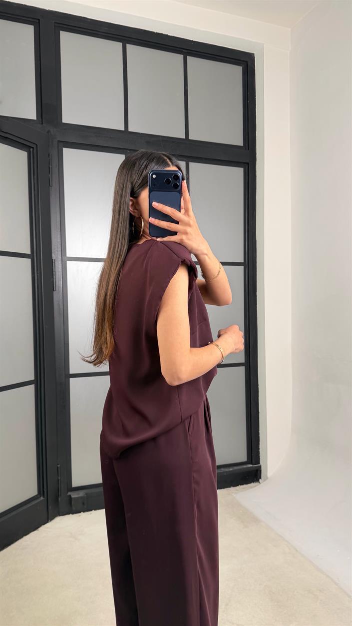 Mürdüm Vatkalı Bluz Beli Lastikli Pantolon Krep Kumaş Takım GAUS-01485