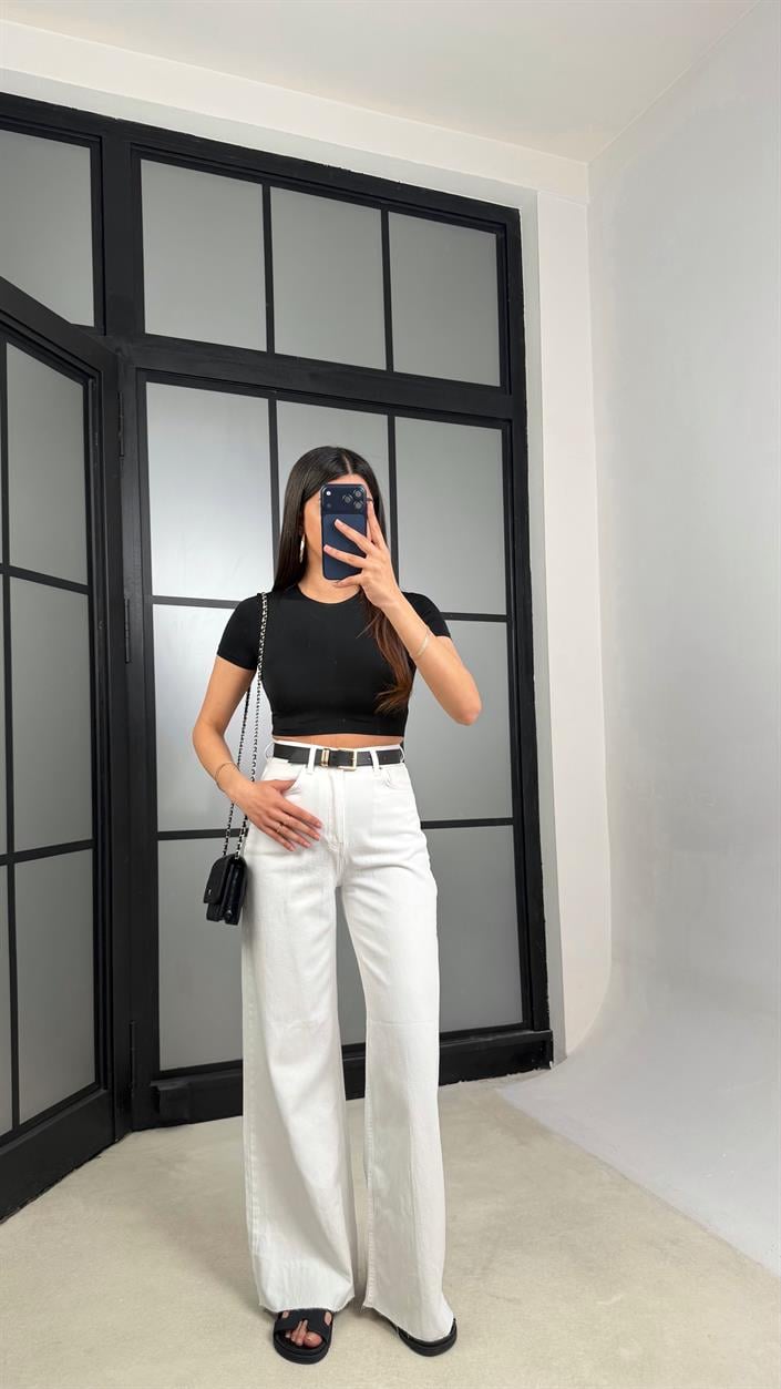 Beyaz Kesik Paça Kemerli Jean GAUS-01305