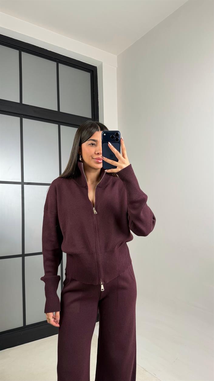 Mürdüm Çift Fermuarlı Hırka Beli Lastikli Pantolon Triko Takım GAUS-01090