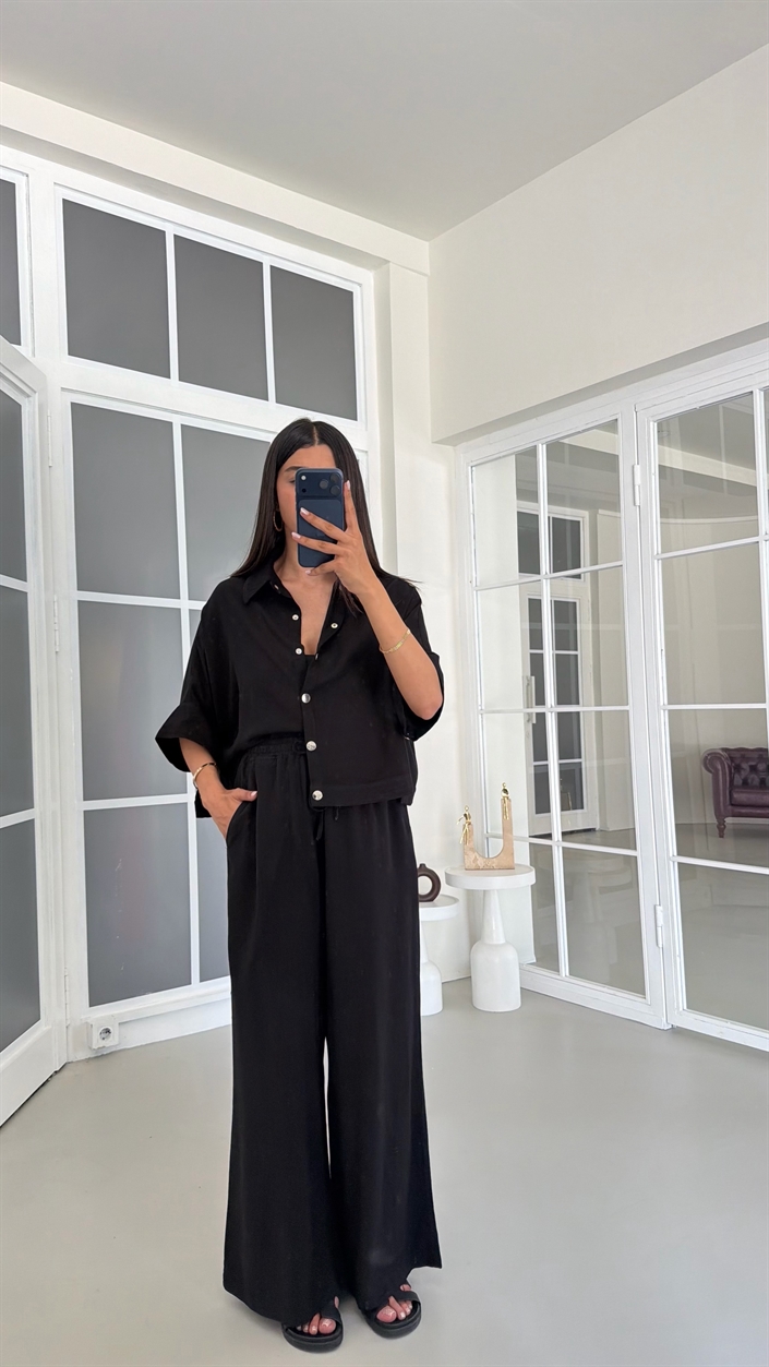 Siyah Yarasa Kol Gömlek Beli Lastikli Pantolon Tencel Denim Takım GAUS-01785