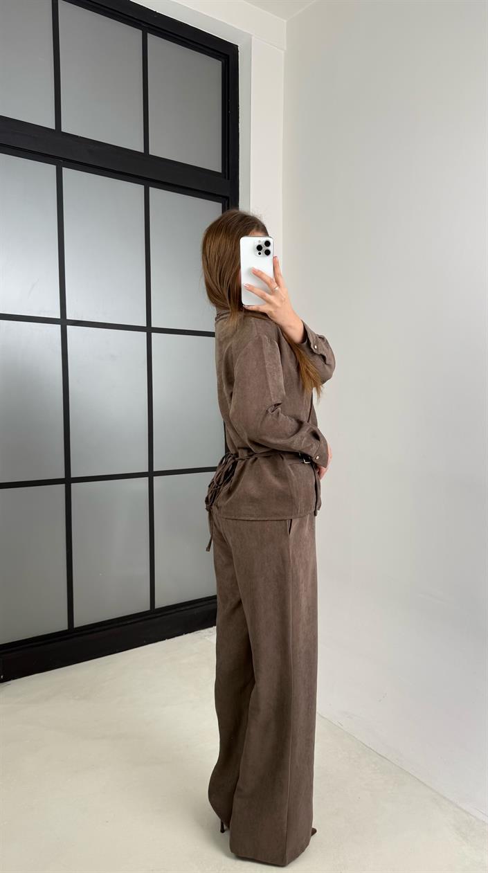 Kahve Bağlamalı Kemer Detaylı Bluz Beli Lastikli Pantolon Eskitme Desenli Takım GAUS-00489